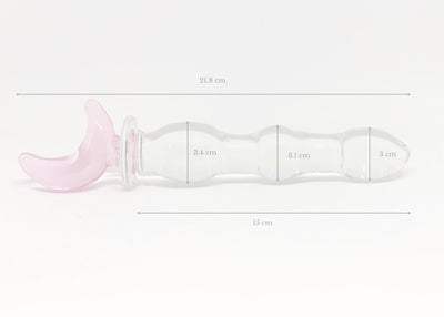 Rippled clear glass pleasure wand with pink moon handle. Pictured on white background with dimensions labeled.
