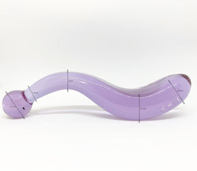 Pussy paddle thick curved pleasure wand in lilac. Pictured on white background with dimensions labeled.
