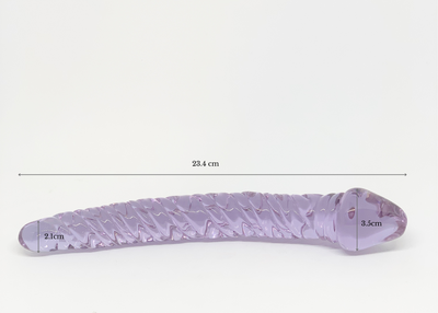 Curved purple glass ridged pleasure wand with thicker Fallic head and tapered end.  Pictured on white background with dimensions labeled.